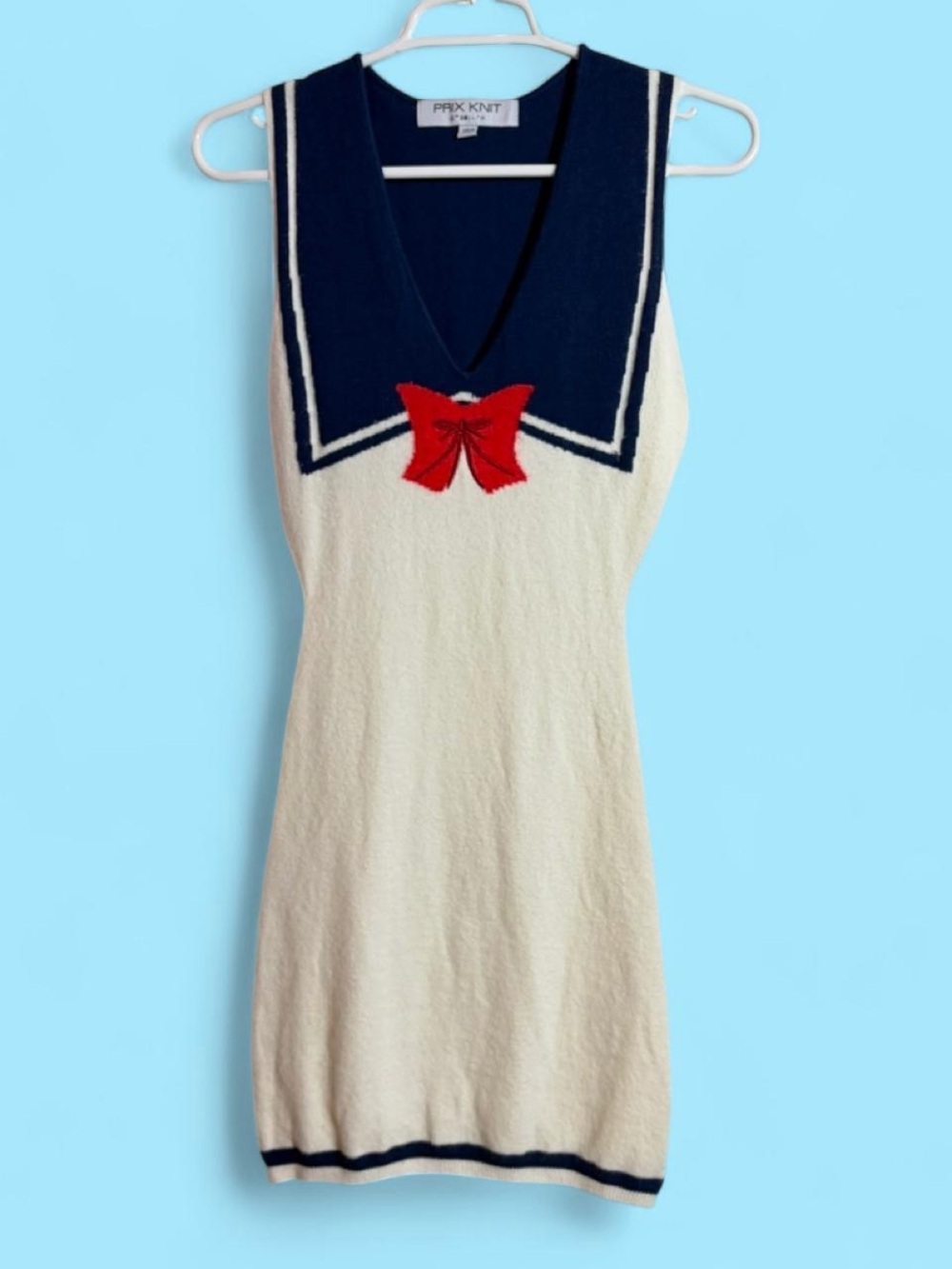 PRIX KNT Cream Sailor-Style Mini Dress with Navy Trim and Red Bow